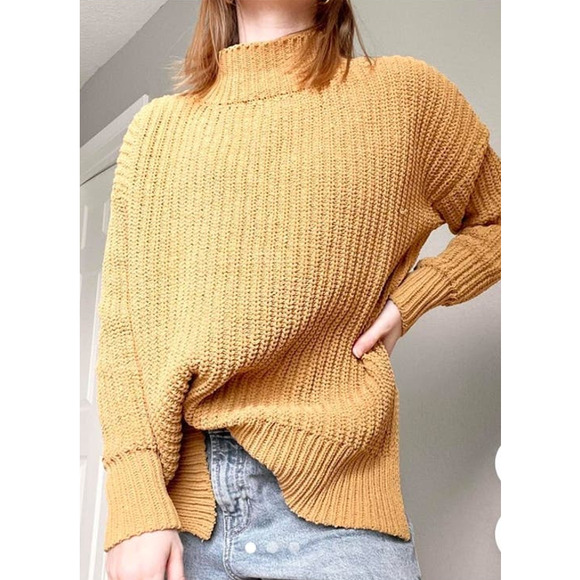 AERIE Oversized Chunky Golden Mustard Yellow Chenille Cozy Mock Neck Sweater S - Picture 3 of 13